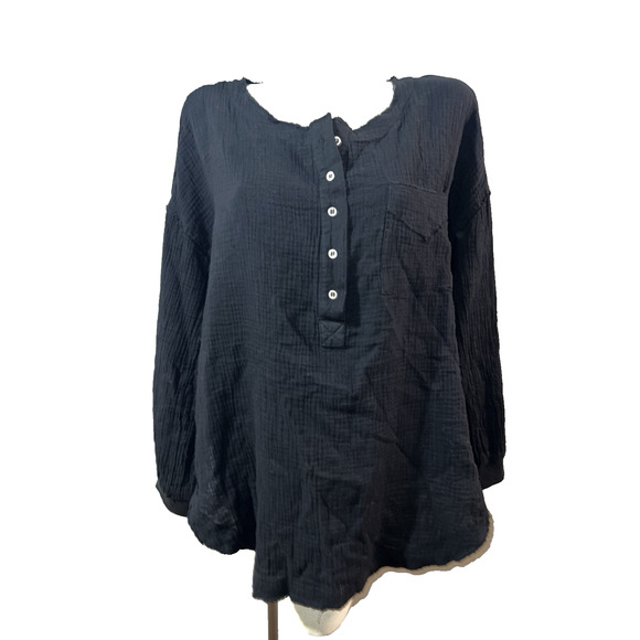7 For All Mankind Top Women's L Black Oversized Long Sleeve Raw Hem Henley Shirt - Picture 1 of 10